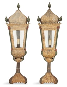 Pair of Italian Painted Metal Standing Lanterns