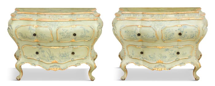 Pair of Italian Polychrome Bombe Commodes