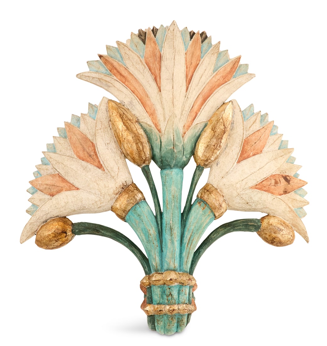 Italian Carved, Painted and Parcel-Gilt Sconce: Italian Carved, Painted and Parcel-Gilt Sconce 20th century, in the Egyptian taste, the fan-form sconce carved with lotus blossoms with giltwood trim, concealing a single socket near the base. h. 18-3