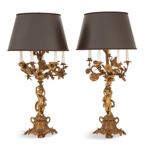 Pair of French Polished Bronze Figural Candelabra