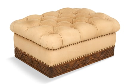 Leather Upholstered and Fruitwood Ottoman