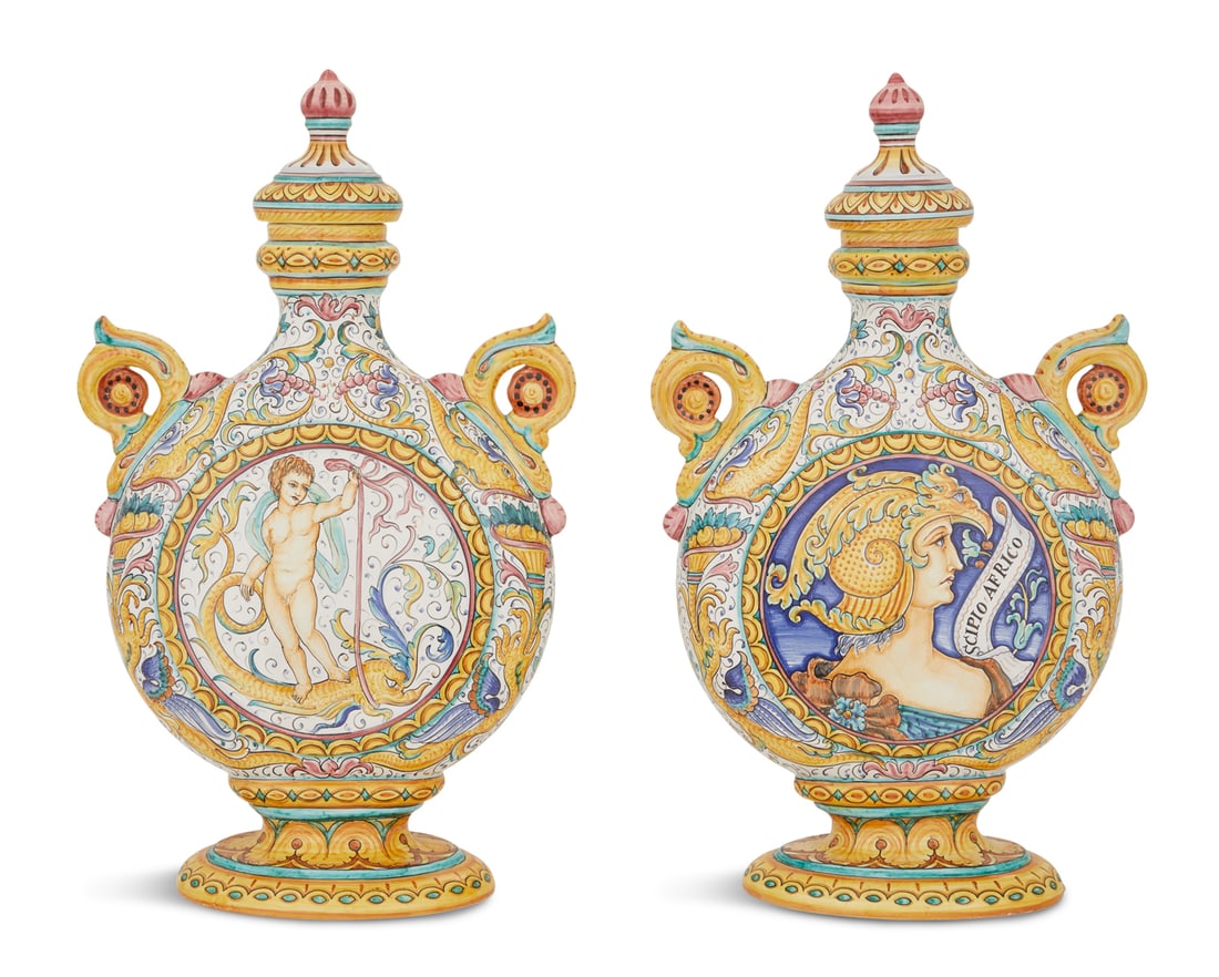 Italian Deruta Pottery Pilgrim's Flasks: Pair of Italian Custom-Made Deruta Pottery Pilgrim's Flasksca. 1998, with dome-form covers and scrolled handles, one decorated with a profile of "Scipio Africo" and the other with a profile