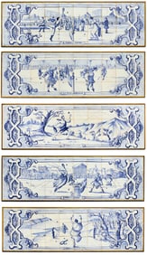 Five Framed Sets of French Blue-and-White Tiles