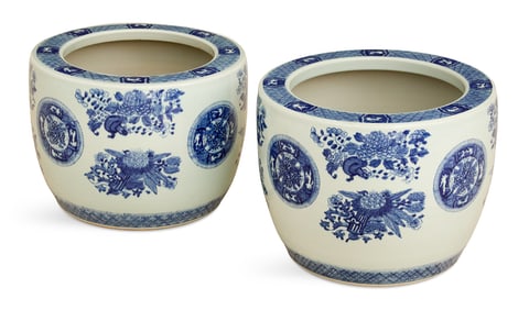 Pair of Chinese Export Blue and White Tree Tubs