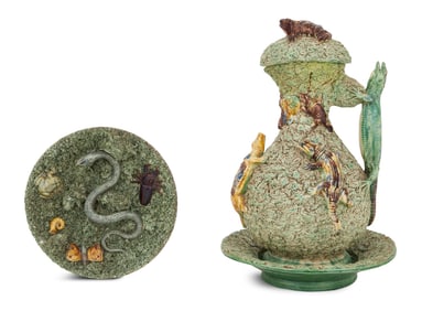 Palissy Ware Covered Ewer and Plaque