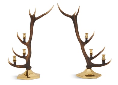 Tall Pair of Brass and Elk Antler Candelabra
