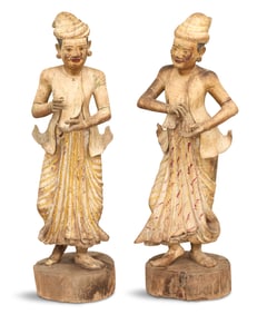 Pair of Carved Wooden Figures of Asian Dancers