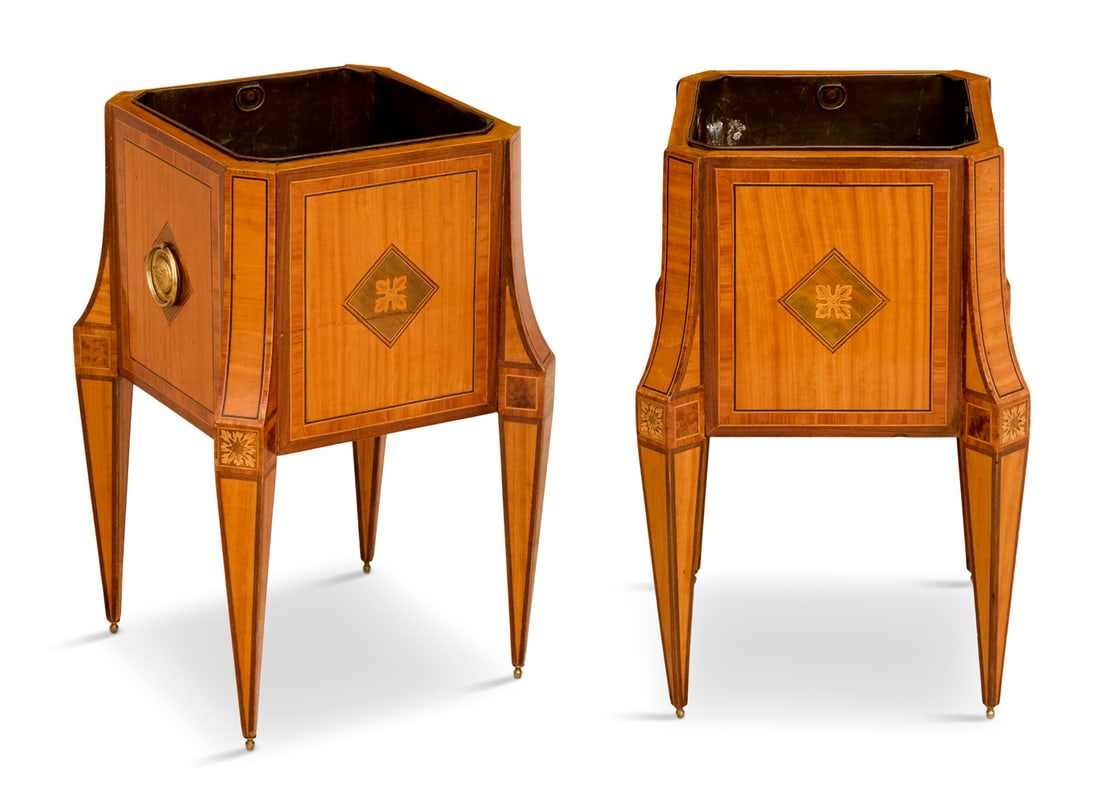 Inlaid Satinwood Wine Coolers/Planters: Pair of Dutch Neoclassical Inlaid Satinwood Wine Coolers/Planters ca. 1800, the front and back with inlaid medallions on a green ground, the sides with ring pulls in matching green-stained lozenges, t