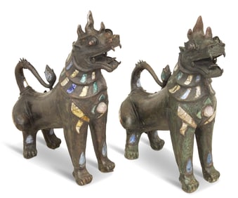 Pair of American Inlaid Bronze Foo Dogs