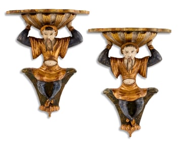Mandarin Carved Wood Figural Wall Brackets