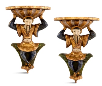 Mandarin Carved Wood Figural Wall Brackets