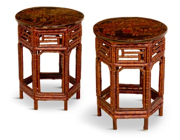 Pair of Chinese Export Lacquered Bamboo Tabourets