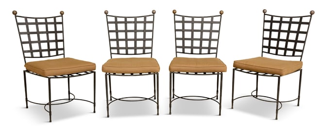 Set of Four Wrought Iron and Brass Garden Chairs