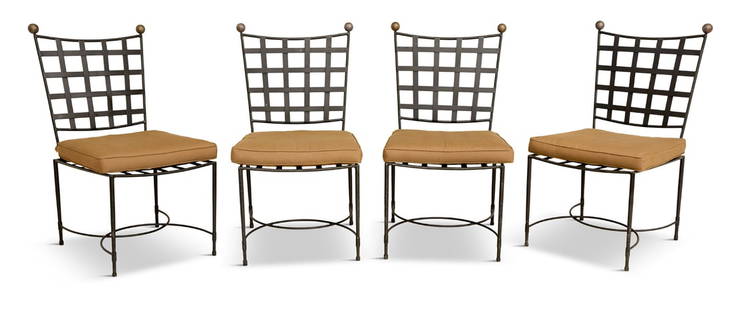 Set of Four Wrought Iron and Brass Garden Chairs: Set of Four Wrought Iron and Brass Garden Chairsafter a Mario Papperzini design for John Salterini, the yoke backs with brass ball finials, the backs and seats with woven iron strapwork, with curule s