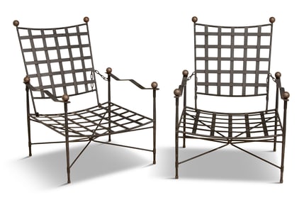 Pair of Iron and Brass Garden Lounge Chairs