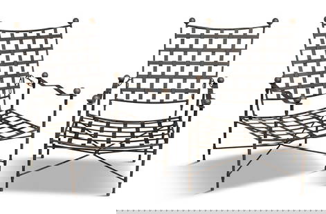 Pair of Iron and Brass Garden Lounge Chairs: Pair of Wrought Iron and Brass Garden Lounge Chairsafter a Mario Papperzini design for John Salterini, the backs and seats with woven iron strapwork, the serpentine arms and backs with brass ball fini