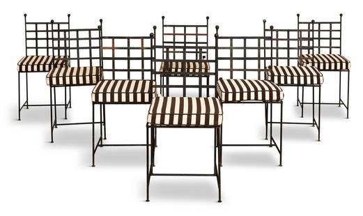 Suite of Eight Wrought Iron Garden Dining Chairs: Suite of Eight Wrought Iron Garden Dining Chairs20th century, after a Mario Papperzini design, designed for John Salterini, with ball finials and iron strapwork woven backs and seats, the bases with s