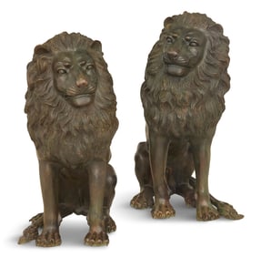 Pair of Bronze Lion Garden Figures