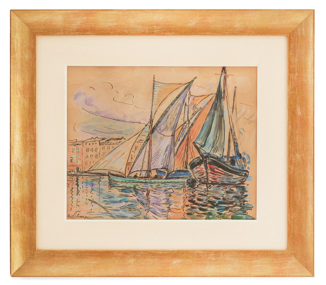 Henri Baptiste Lebasque (French, 1865-1937): † Henri Baptiste Lebasque(French, 1865-1937)"Vue de Saint Tropez"watercolor and ink on papersigned lower left, verso affixed with "M.S. Rau Antiques" label.Matted, glazed and framed.sight 11-1/2" x