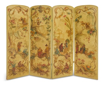 Moss Green Chinoiserie Four-Panel Floor Screen