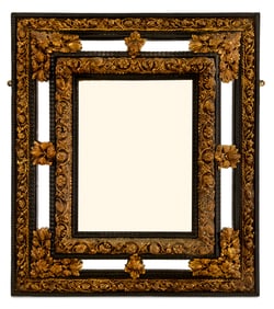 Ebonized Wood and Brass Cushion Mirror