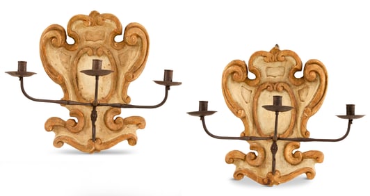 Parcel-Gilt Wood and Wrought Iron Sconces