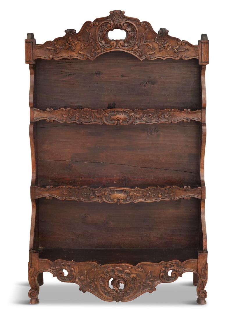 French Carved Fruitwood Estanier: French Carved Fruitwood Estanier late 19th century, in the Louis XV style, the pierced crest carved with flowers and scrollwork, set with three graduated shelves carved with shells and flowering vines