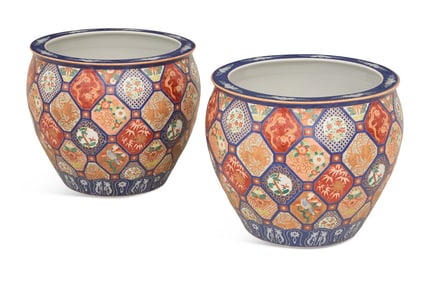 Large Pair of Japanese Imari Porcelain Tree Tubs