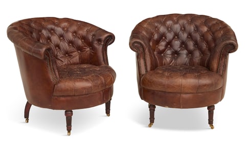 Pair of Brown Leather Club Chairs