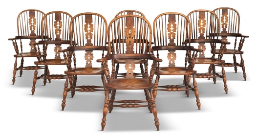 Suite of Eight English Oak Windsor Armchairs