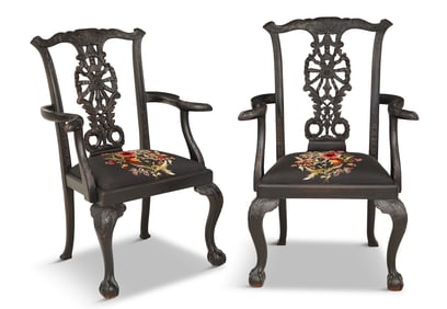 Pair of George III-Style Ebonized Armchairs