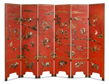 Chinese Red-Lacquer Six-Panel Coromandel Screen
