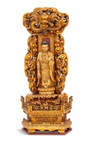 Carved and Parcel-Gilt Buddha and Shrine