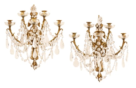 Pair of French Gilt-Bronze and Crystal Sconces