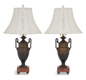 Pair of Patinated-Metal and Marble Neo-Grec Vases