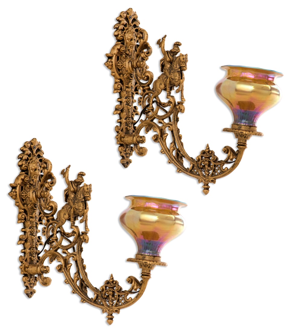 Pair of Gilt-Metal and Art Glass Sconces: Pair of Gilt-Metal and Art Glass Sconces in the Renaissance Revival taste, the backplates with masque molding and pierced scrollwork, set with sweeping scrolled and pierced arms decorated with classic