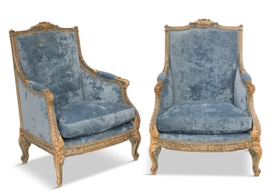 Polychrome and Parcel-Gilt Bergeres