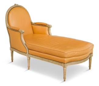 Polychrome and Leather-Covered Chaise Longue