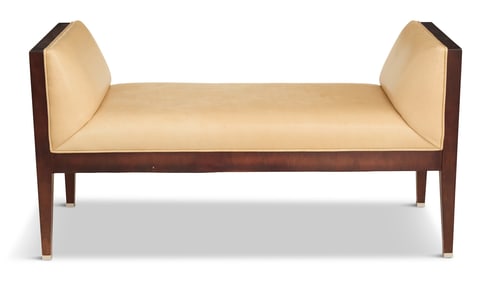 Stained Hardwood and Leather-Covered Window Bench