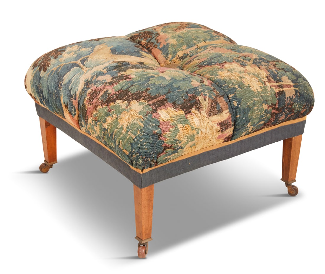 Continental Tapestry-Upholstered Mahogany Ottoman (1 of 3)