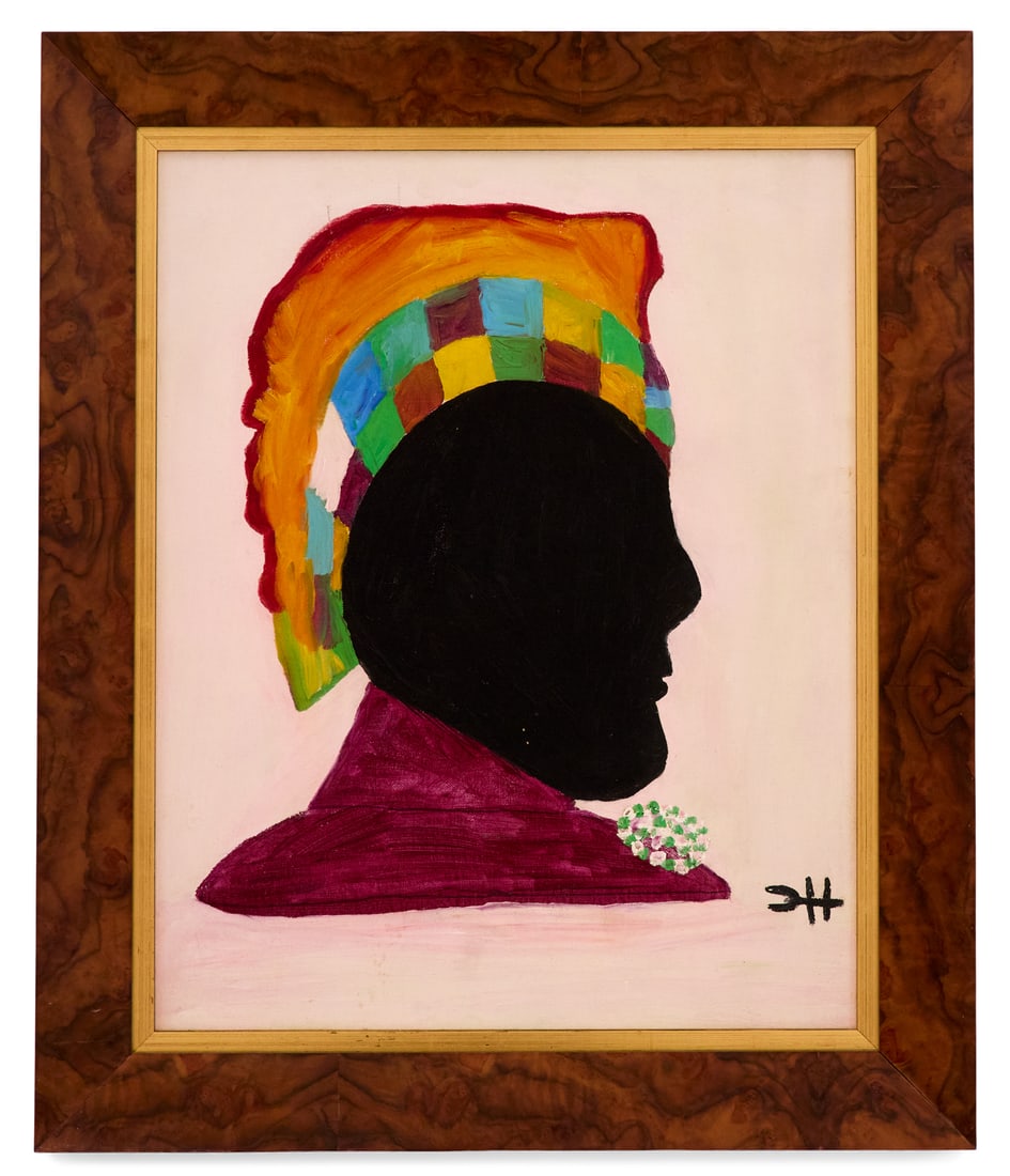 Clementine Hunter (American/Louisiana, 1886-1988): † Clementine Hunter (American/Louisiana, 1886-1988) "African Headdress", ca. 1970 oil on canvas board monogrammed lower right. Framed. 20" x 16", framed 25" x 20-3/4"