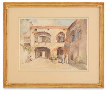 Ellsworth Woodward (American, 1861-1939): † Ellsworth Woodward(American/Louisiana, 1861-1939)"The Conversation, French Quarter Courtyard", 1901watercolorsigned and dated lower right.Matted, glazed and framed.sight 14" x 18-1/