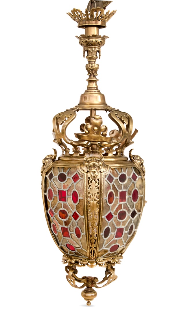 Polished Brass and Leaded Glass Hall Lantern (1 of 2)