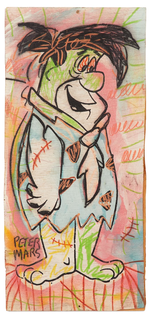 Peter Mars (US, b. 1959): Peter Mars(American, b. 1959)"Fred Flintstone", 1989mixed media on plywoodsigned lower left, dated, titled and stamped "Mars Studio Chicago" en verso.19-7/8" x 8-5/8"