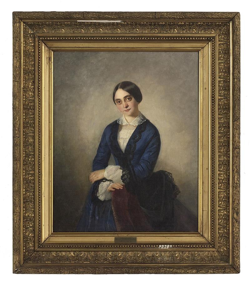 Benoit Noel Bonnard (French, 1821-1870): Benoit Noel Bonnard (French, 1821-1870) "Portrait of a Woman", 1870 oil on canvas signed and dated lower left. In a period gilt frame with brass artist plaque. 22" x 18", framed 31" x 26-3/4"