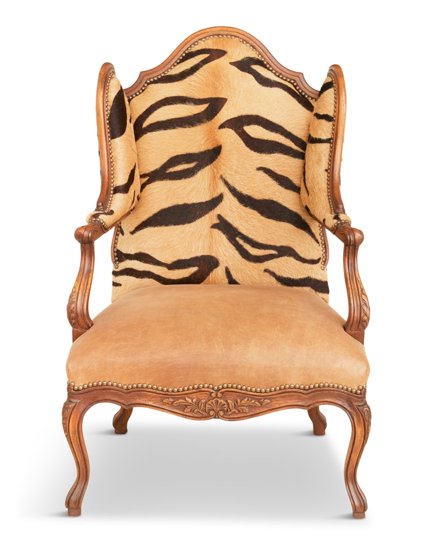 Louis XV-Style Fruitwood Bergere avec Oreilles: Louis XV-Style Fruitwood Bergere avec Oreilles20th century, the tall, domed and padded back joined by shaped sides and outscrolled arms to the padded seat, raised above a shaped, foliate frieze on mol