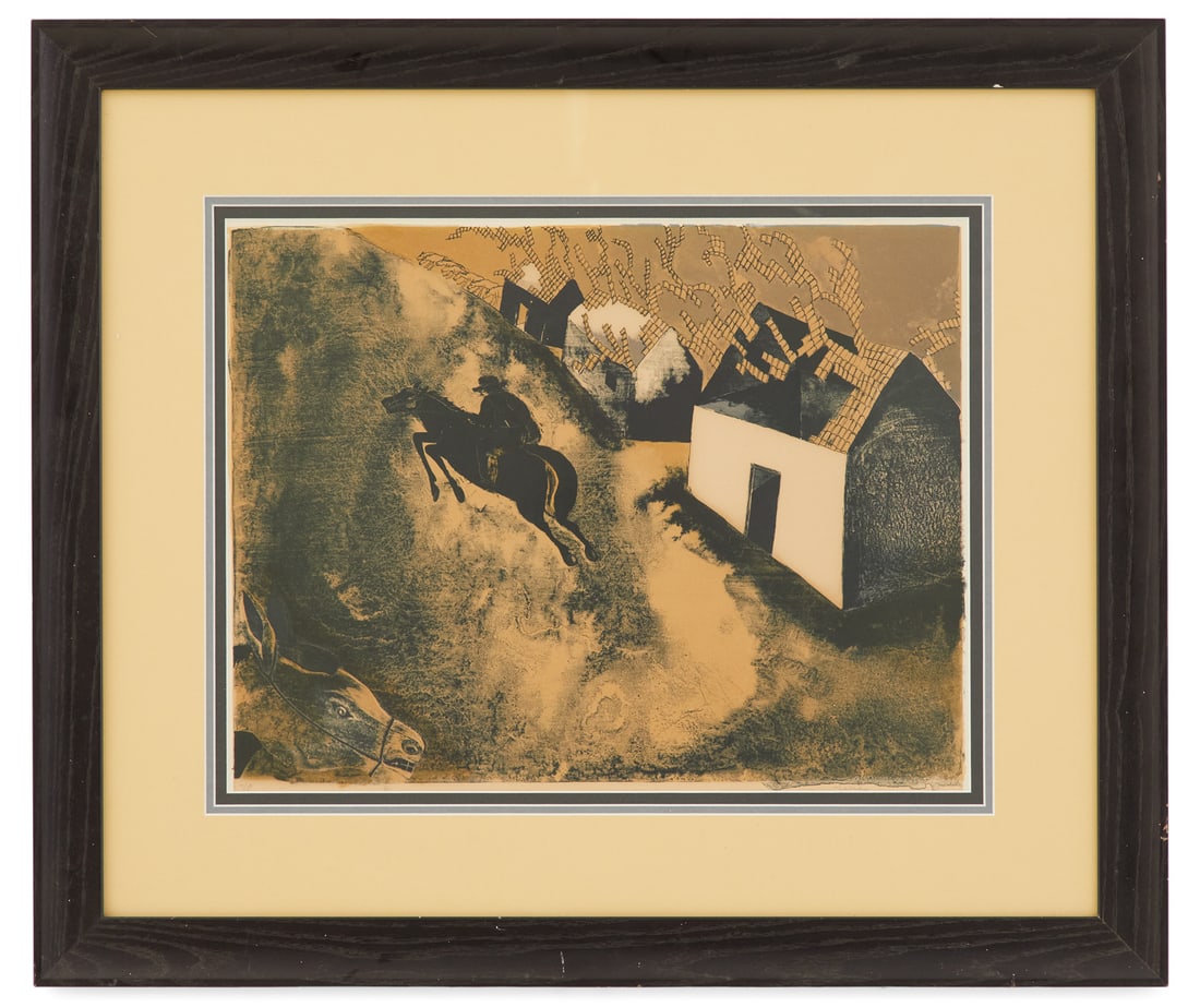 Francisco Lopez Toledo (Spanish, 1940-2019): Francisco Benjamin Lopez Toledo (Spanish/Texas, 1940-2019) "The Shingles Fly", 1971 lithograph in colors from the "Cowboy" series, pencil-signed lower right, numbered "7/100&q