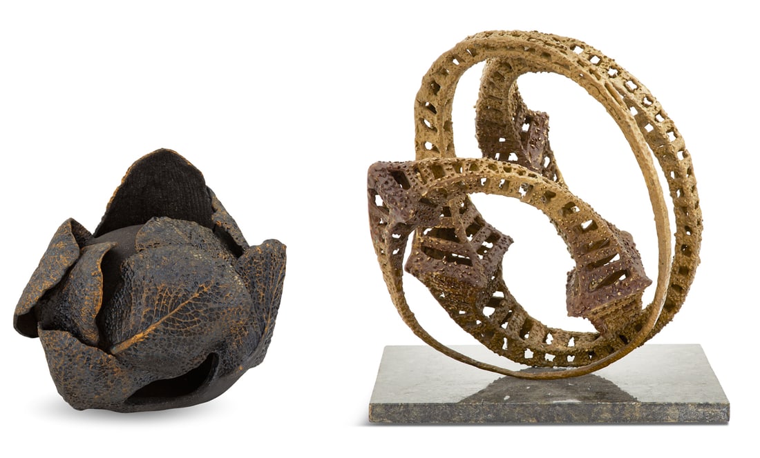 Joanna Roszkowska & Vania Dimitrova and Svetoslav: Joanna Roszkowska (Polish, Contemporary) Vania Dimitrova and Svetoslav (Bulgarian, Contemporary) "Pompeii" and "Dynamic V", former glazed ceramic, latter brass on a thin granite ba