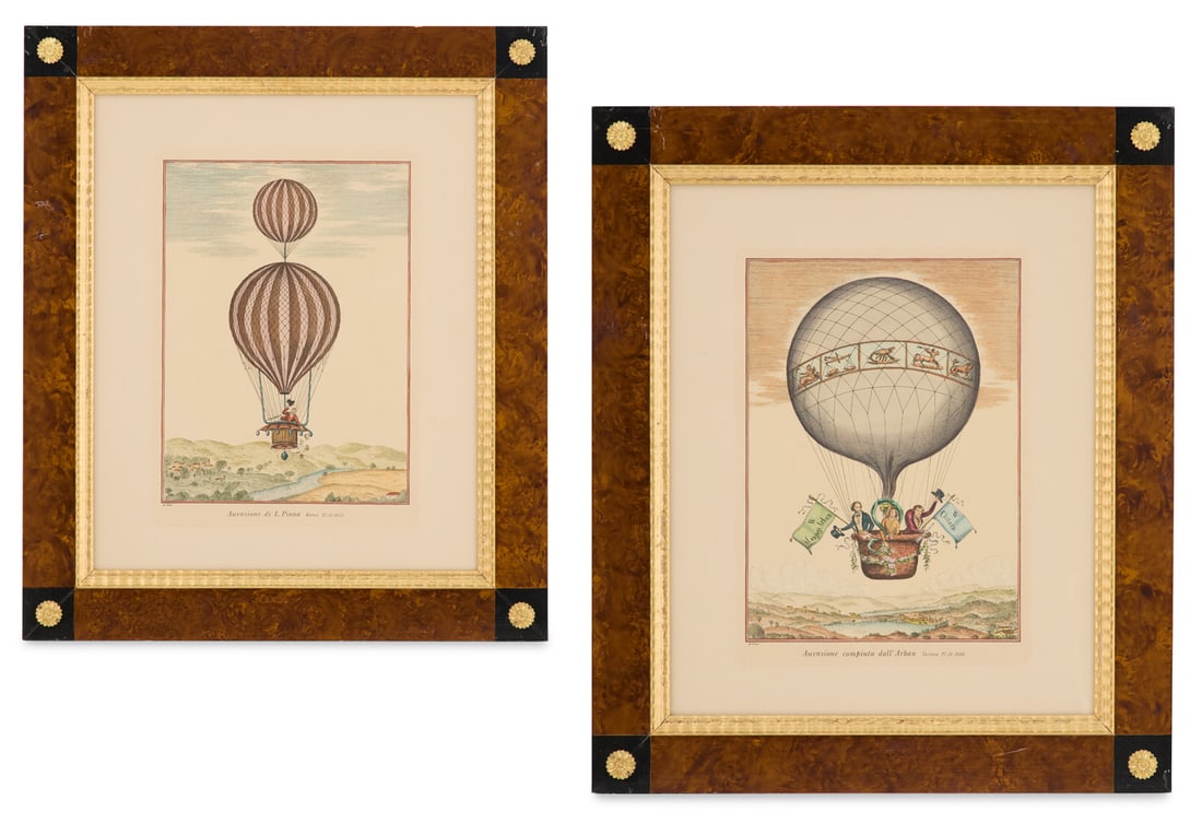 Pair of Italian Engravings: Pair of Italian Engravings including "Ascensione di L. Piana Roma 27-11-1853" and "Ascensione Compiuta dall' Arban Verona 27-11-1846", each signed "V. Ciongi" lower left. Handsomely glazed and framed 