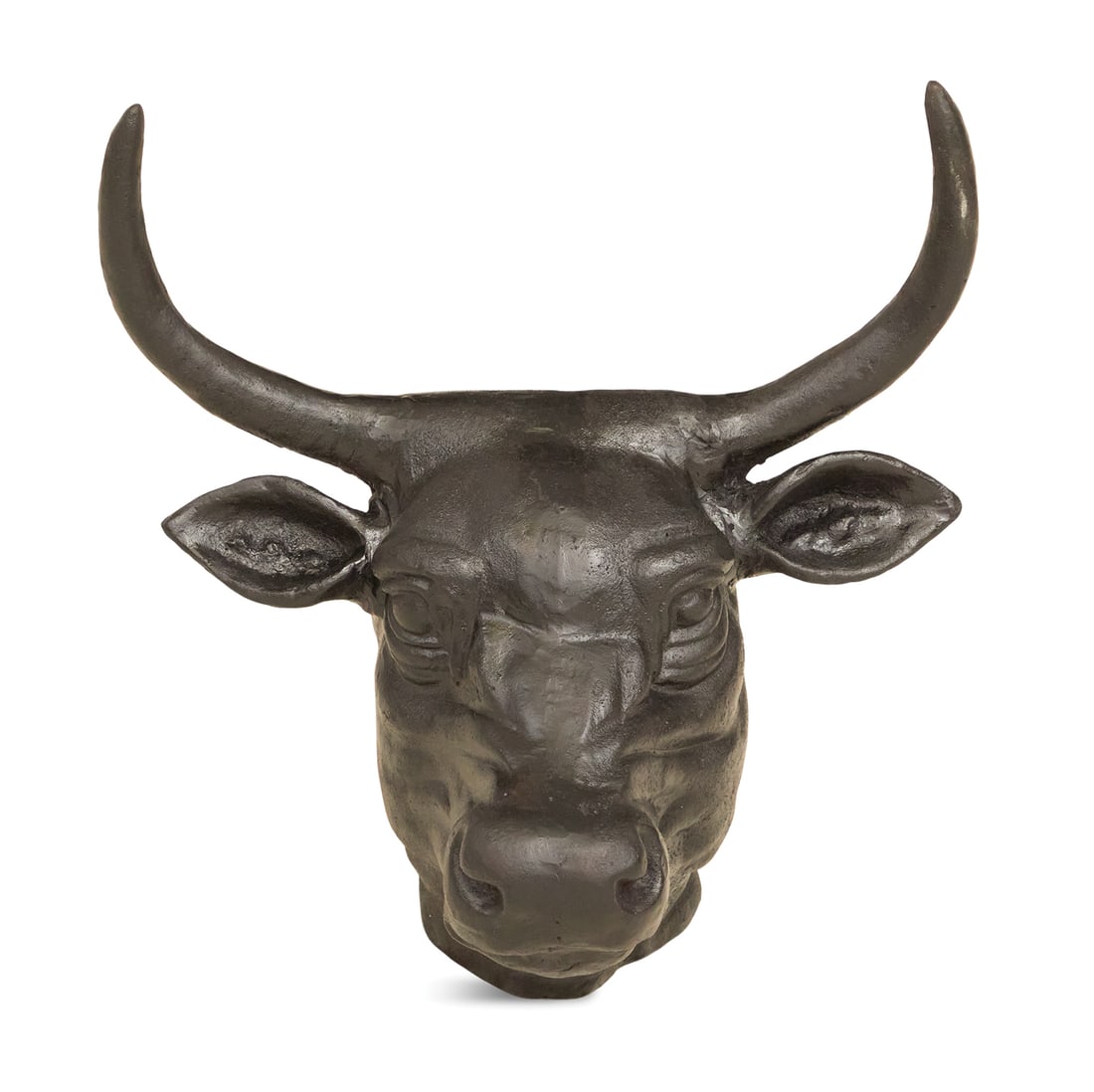 Cast Iron Bull's Head: Cast Iron Bull's Headrealistically molded in the style of French boucherie shop signs, the back with hardware for hanging.h. 20-3/4", w. 18", d. 13-1/2"